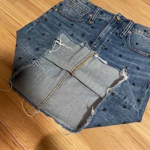 Madewell Jean Skirt Mini Black Heart Print Denim 26 Stretch Fray Blue - Picture 13 of 16